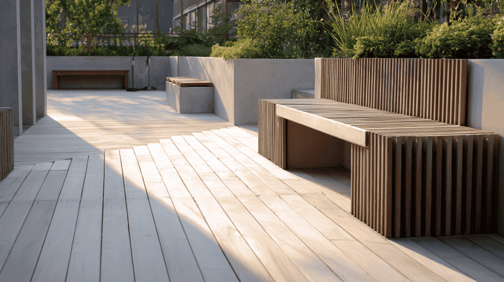 Modern terras met banken en vlonders van duurzaam hout in een groene stadstuin